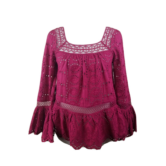 NEW $310 TRYB Women Top Peasant Lace Embroidered Lace Tassel Bell Sleeve - Picture 1 of 8
